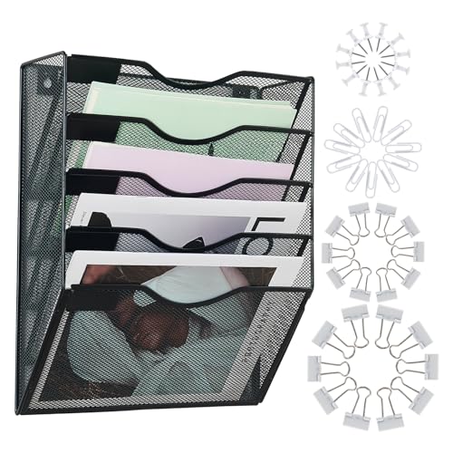 LEKETREE Hanging Wall File Organizer with Office Assorted, 5 Pockets Mesh Wall Mounted Hanging File Folders, Mail Organizer, Holder Rack for Mail, Paper, Document, Binder, Magazine, Menu (Black) - color: Black