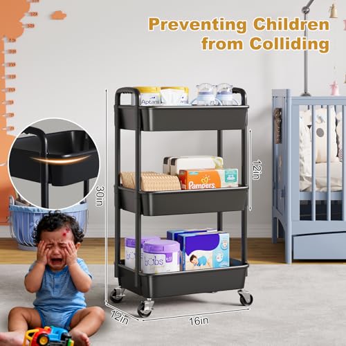 3 Tier Rolling Cart with Wheels, Black Plastic Three Tiered Shelf Organizer Carts on Lockable Wheels, Small Utility Storage Trolley for Diaper Caddy, Snack, Art, Cleaning Supplies, Kitchen, Bathroom - color: Black