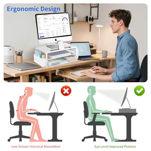 AUPSEN White Monitor Stand Riser, 2-Tier Wood Computer Desk Organizer with Drawer, Pen Storage & Phone Holder, Office Desk Accessories Desktop Organizer for Office Supplies - color: White Wood