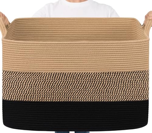 Goodpick 105L Extra Large Blanket Basket 25" x 16" x 16" Cotton Rope Storage Baskets for Organizing, Wicker Laundry Basket with Handles, Rectangle Woven Baskets for Storage, Black & Jute - color: Black Jute, size: XX-Large(25"L x 16"W x 16"H)