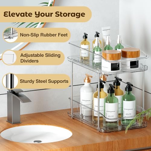 incostar 2 Tier Pull-Out Organizer for Bathroom Kitchen, Under Sink Storage with Dividers, Ideal for Cabinet, Cupboard Organization, Slide-Out Clear Storage, 1 Pack - style: 1 Pack 2Tier
