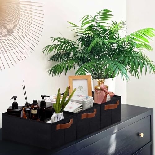GhvyenntteS Small Fabric Storage Bins 6 Pack, 11.8" x 7.87" x 5.11" Storage Basket with Leather Handles, Closet Storage Bins for Shelves, Storage Baskets for Shelves, DVD Storage (Black) - color: Black, size: Small-11.8"x 7.87"x 5.11"-6pcs