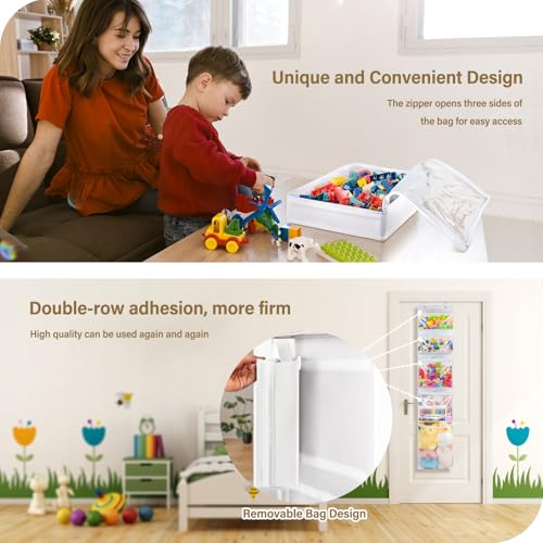 Over Door Organizer and Storage, Hanging Toy Holder with 4 Clear Removable Pouches, Toddler Room Wall Stuffed Animal Bag Case, Kids Playroom Closet Organization for Building Block, Puzzle - color: White