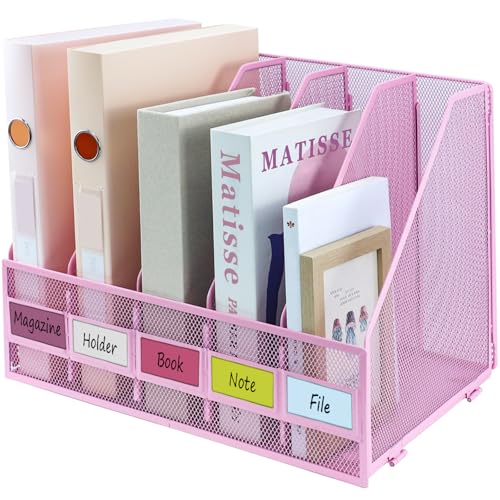 Desk Organizers, Metal Magazine File Holder with 5 Vertical Compartments Rack Binder File Organizer for Office Supplies, Home Workspace - Pink - color: Pink, size: 5 Compartments