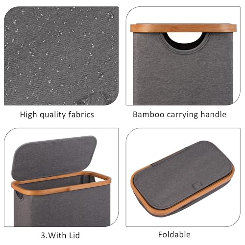 Slim Laundry Basket,60L Laundry Hamper with Lid, Tall Hamper for Laundry,Dirty Cloth Hamper with Bamboo Handle for Toys,Towels, Clothes Organizing,Grey - color: Grey, size: 60L Slim