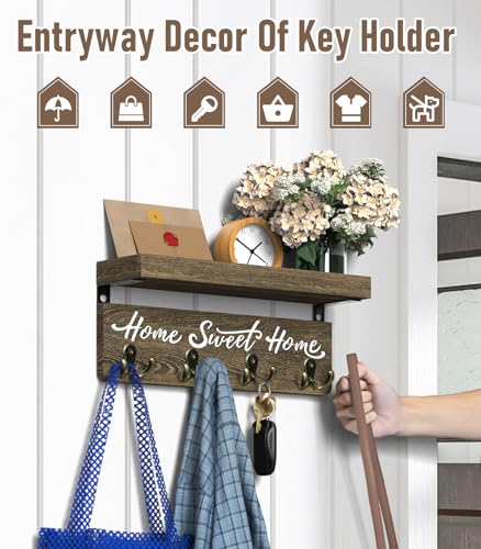 buways Wall-Mounted Key and Mail Holder, Wooden Key Rack with 4 Double Key Hooks, Rustic Home Decor for Entryway - color: Brown