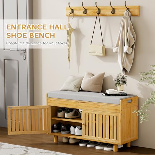 Shoe Storage Bench Coat Rack Set, 35.4" Bamboo Shoes Bench with Lift Top Hidden Storage & Wall Hooks, Hall Tree Entryway Bench with Seat Cushion, 2-Tier Shoe Cabinet for Entryway, Living Room, Bedroom - color: Natural With Hooks