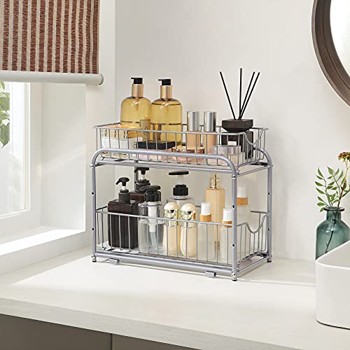 SONGMICS 2-Tier Pull Out Cabinet Organizers, Under Sink Organizer, Bathroom Organizer and Storage, Sliding Basket Drawers, Stackable for Kitchen, Bathroom, Metallic Silver UKCS017E01 - color: Metallic Silver