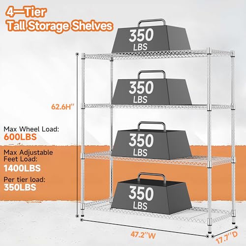 M MZG 4 Tiers Storage Shelves Load 1400LBS, Metal Shelving Wire Metal Shelving Unit Shelves for Storage Adjustable Garage Shelving for Pantry Kitchen Garage Chrome 17.7" D x 47.3" W x 62.7" H - color: Chrome, size: 4 Tiers, 17.7"D x 47.3"W x 62.7"H