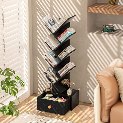 SHEEPAM 8 Tier Tree Bookshelf with Drawer, Free Standing Wood Bookcase for Living Room, Bedroom, Home Office, Space Saving Storage Organizer Bookshelves for Books, CDs, Vinyl Records- Black - color: Classic Black, size: 8 Tier