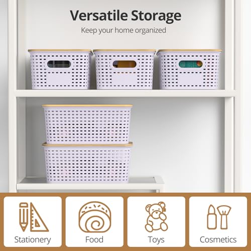 Plastic Storage Baskets with Bamboo Lids, Stackable Small Box Bins for Organizing and Containers for Shelves Drawers Desktop Closet Pantry Classroom Office Home, 6 Pack 10.2"x7.2"x4.1" Lavender - color: Lavender