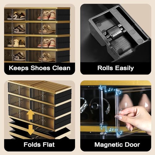 SYNCVIBE Shoe Rack Organizer for Closet Entryway Foldable Sneaker Storage Shoe, Collapsible Shoe Cabinet, Stackable Shoe Storage Cabinet with Lids for Living Room (9 Tiers -36 Pairs Black Gold) - size: 9 Tiers -36 Pairs Black Gold
