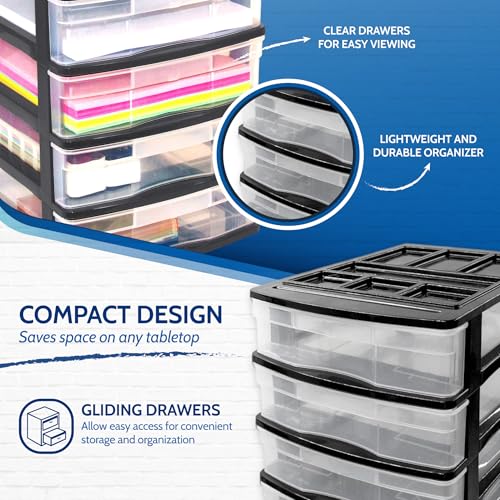 Gracious Living 4-Drawer Desktop and Countertop Storage Organizer Drawer Set, Plastic Office Desk Organizer, Black/Clear
