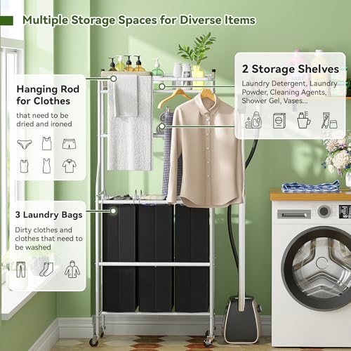 Laundry Sorter with Hanging Clothes Rack, Rolling Laundry Cart with Wheels & Shelf, 42 Gal (160L) 3 Section Basket Organizer, White
