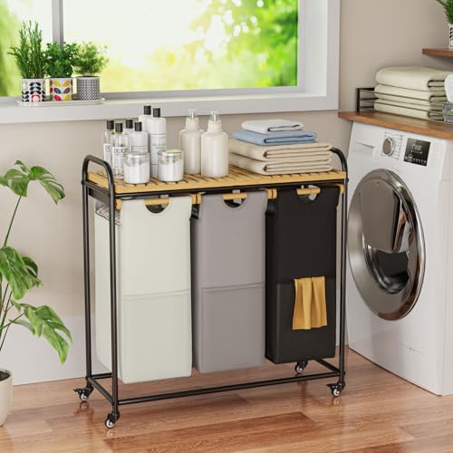 BambooHomie Laundry Hampers 3 Section, Laundry Sorter with Removable Shelf and Pull-Out Bags, Rolling Cart Clothes Hampers Basket with Wheels for Laundry Room Bathroom, 3 x 45 L (Black Beige Gray) - color: Black & Beige & Gray, size: 3 x 45 L