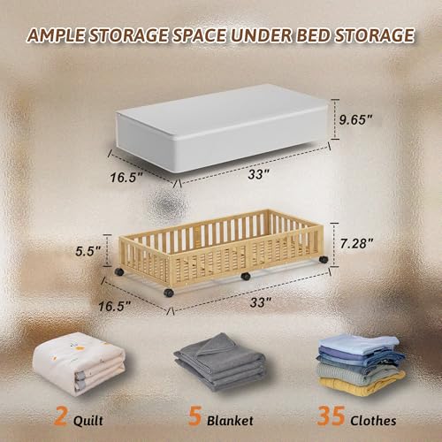 Bamboo Under Bed Storage Containers with Wheels, 2 Pack Large Under the Bed Shoe Storage Bins, Wood Rolling Underbed Drawers Organizer for Bedroom Closet Clothes Blanket Under Crib Toy Nature - color: Nature, size: 2 PCS (33.07"×16.54")