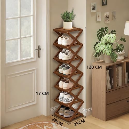 YYW Shoe Rack, Foldable Bamboo Shoes Shelf, Freestanding Shoe Storage Organiser for Entryway, Bedroom, Closet, Hallway, (Brown, 7 Layers, 25) - color: Brown, size: 7 layers