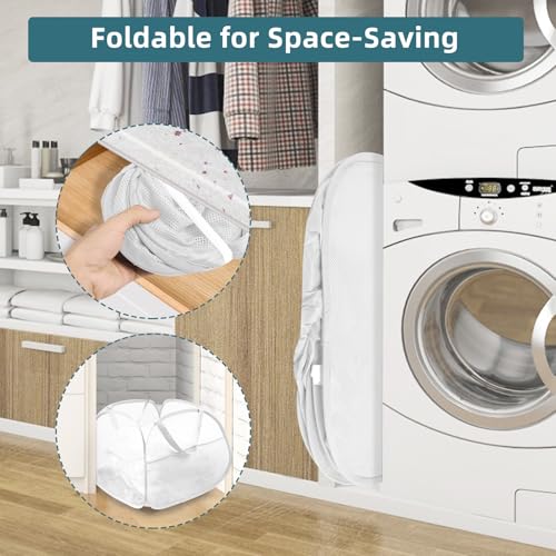 Bemkoo Collapsible Laundry Basket, 90L Large Foldable Mesh Pop Up Hamper for Laundry, Dirty Clothes, Bedroom, Bathroom, Dorm, Laundry Room, Travel, Camping, White - color: White