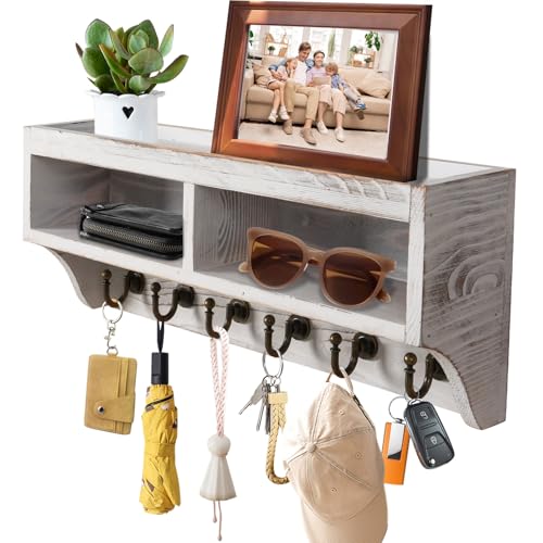 Key Holder Wall Mount - Mail Organizer Wall Mount with 6 Key Hooks and Storage Box for Sunglasses Storage and Dog Leash Holder Home Decor Rack Apartment Farmhouse Shelf Entryway Organizer (White) - color: White