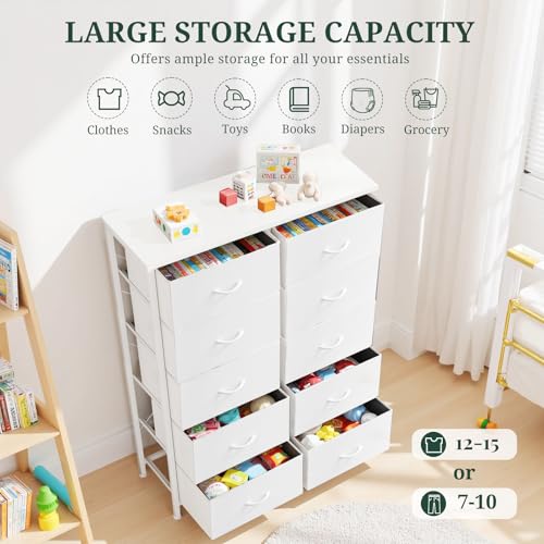 10-Drawer Dresser for Bedroom, Anti-Tip Tall Storage Organizer Chest of Drawers with Wooden Top and Metal Frame Fabric Bins for Closet, Living Room, Hallway, Entryway, White - color: White, size: 11.8"D x 31.4"W x 45.6"H (10 Drawers)