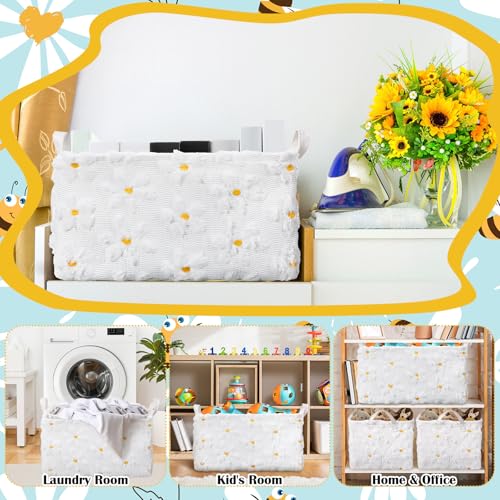 Kathfly Daisy Storage Baskets Plush Faux Fur Jacquard Design Laundry Basket with Handles Waterproof Flower Storage Bins Fabric Shelf Baskets for Organizing Closet Clothes - style: Daisy