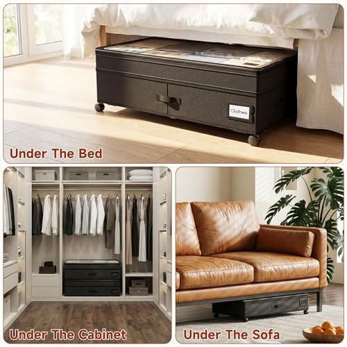 Under Bed Storage with Wheels, Adjustable Height Underbed Storage Containers, 2 Pack 65L Bins, Heavy-Duty 600D Fabric & Steel Frame for Clothes, Shoes, Bedding