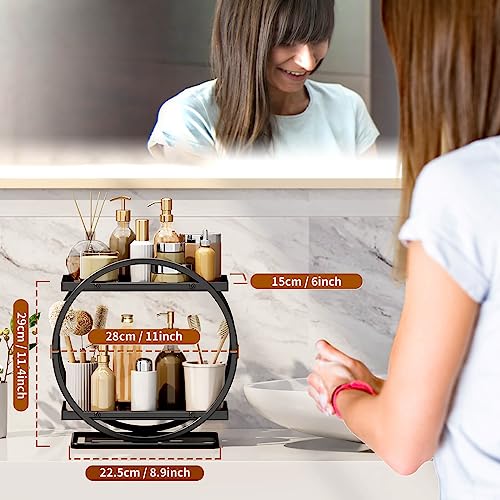 Bathroom Counter Organizer, Black Perfume Organizer for Dresser, 2 Tier Bathroom Organizer Countertop, Vanity Makeup Organizers, Skincare Display Tray for Bathroom Sink Storage - color: Black, Circular