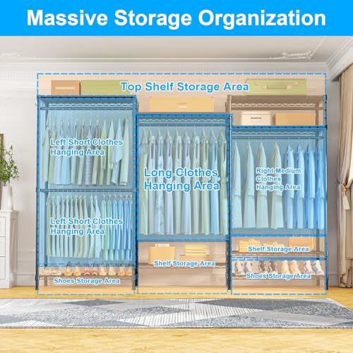 Ulif E13C Pro Heavy Duty Closet Organizer System，Freestanding Clothing Racks for Hanging Clothes，Adjustable Garment Rack 75" W x16 D x77 H Hold 1000lbs，Black Rack with Black Dustproof Cover - color: Black Rack with Black Cover, size: E13C Pro
