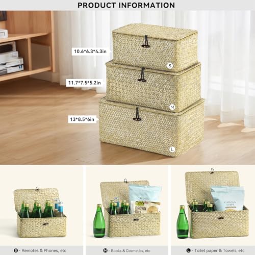 Nonam Storage Basket with Lid, Natural Seagrass Bin with Lid Set of 3, Shelf Baskets Multipurpose Container for Boho Decoration, Rectangular Household Storage Boxes for Home Organization-White - color: White* Set of 3