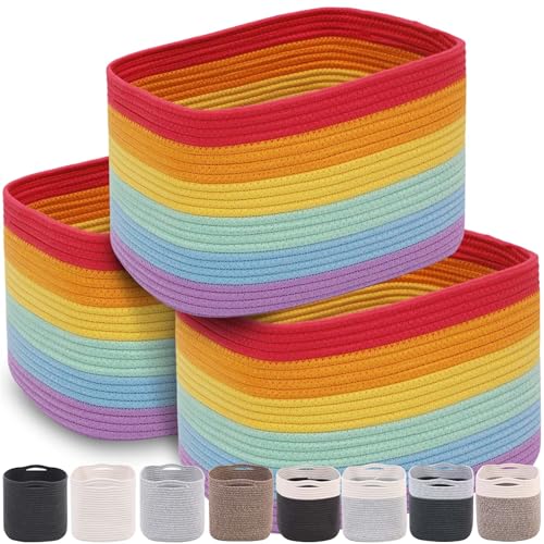 CHAT BLANC Cotton Rope Baskets for Organizing, Shelves, Toys, Storage, Shoe, Bathroom, Laundry, Towel, Nursery, Home Decor, Blanket, Cloth Woven Bins Fabric (Rainbow, 15"x10"x9") - color: Rainbow, size: 3 PACK | Medium | 15"x10"x9"