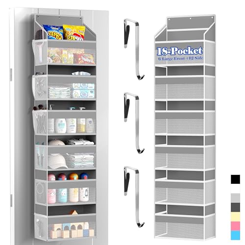 PAULONE 1 Pack Heavy Duty Over the Door Organizer, 6 Large + 12 Mesh Pockets with 89 lbs Capacity, Space-Saving Hanging Storage for Shoes, Toys, Bedroom & Closet (6-Layer Light Gray) - color: 6-Layer Light Gray