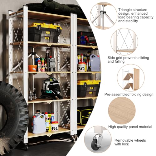 Hershii 5 Tier Foldable Storage Shelves with Wheels - Metal Collapsible Shelving Unit Display, Heavy Duty No Assembly Organizer Shelf for Garage, Kitchen, Basement, Pantry - color: Light Brown, size: 5-Tier (59.8 X 26.7 X 13.38 IN)