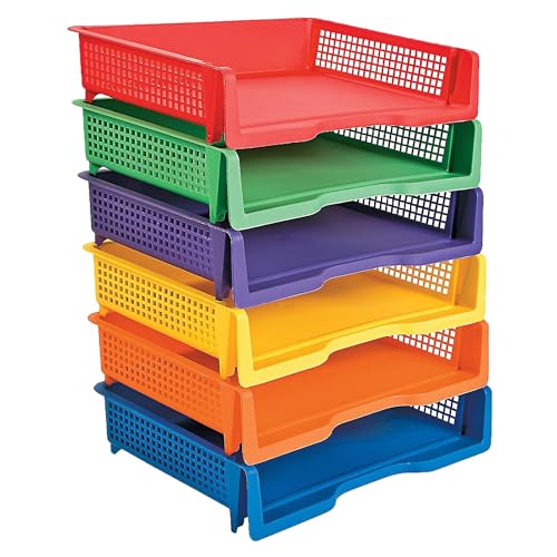 Fun Express Paper Organizer Stackable Plastic Trays 6 Pack - Colorful Desktop Organization System for Classroom & Office | Letter Size Paper Storage Bins for Teachers, Students & Home Use