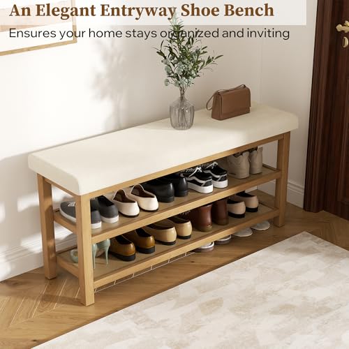 2 Tier Shoe Rack Bench with Cushion, Rubberwood Shoe Benches, Mid-Century Modern Shoe Storage Bench for Entryway, Hallway, Living Room, Closet, Front Door Entrance, Beige - color: Beige