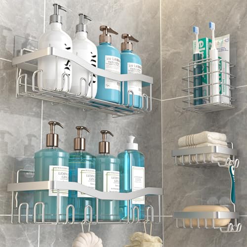 Youvip Adhesive Shower Caddy, No Drilling Bath Organizers 5 Pack, Rustproof Shelves with Soap Holder & Toothbrush Holder, Bathroom Organizers and Storage, Silver - color: Silver