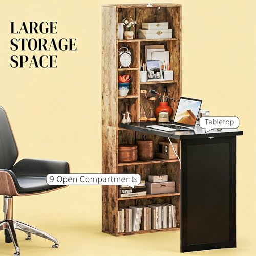 Folding Writing Desk with Storage Shelves, Fold Out Convertible Wall Mounted Table with Blackboard, Foldable Computer Murphy Desk for Small Spaces,Home Office (Natural) - color: Natural