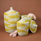 Yellow White Decorative Wicker Basket Set, 3pcs - Organize Bedroom, Living Room, Nursery - Laundry Hamper, Toy Bin, Blanket Storage - Decorative, Boho Style - Wicker, Woven, Lid, Handles - size: Set 3pcs