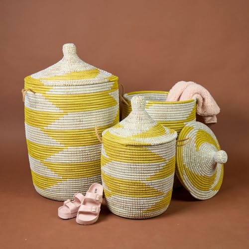 Yellow White Decorative Wicker Basket Set, 3pcs - Organize Bedroom, Living Room, Nursery - Laundry Hamper, Toy Bin, Blanket Storage - Decorative, Boho Style - Wicker, Woven, Lid, Handles - size: Set 3pcs