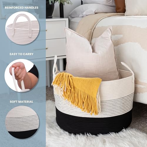 OrganiHaus Large Woven Storage Basket for Blankets and Toys 20" x 13" Inch, Rope Laundry Basket with Handles, Cushions & Pillows Storage Bin, Nursery Hamper, Soft Round Dog Toy Bin - Black/Off-White - color: 3-toned Black, size: Wide