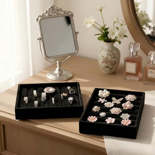 2 PCS Small Jewelry Tray Ring Organizer, Velvet Stackable Ring Organizer Mini Jewelry Drawer Organizer Tray 6 Slots Ring Stud Earrings Display Case for Women(Black) - color: Black