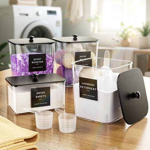 4 Pack Laundry Pods Container, Clear Laundry Room Organization Containers Essentials, Large Detergent Powder Storage Containers Black Wooden Lids & Labels Signs, Home Acrylic Laundry Pods Holder - color: Black, size: 4 pack