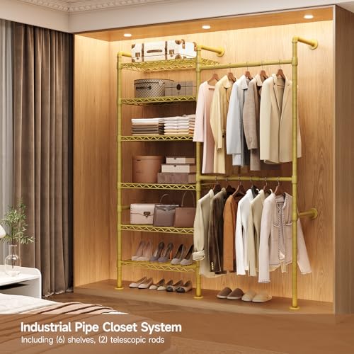 Wall Mounted Garment Rack, Walk-in Closet System with Expandable Rods, Adjustable Shelves, Industrial Pipe Clothing Racks, Hanging Clothes Organizers and Storage, Metal Closet Shelving Wardrobe - color: Gold