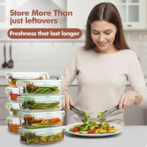 Razab 16 Pc (Set of 8) 30 Oz Glass Meal Prep Containers with Lids, Airtight Large Glass Food Storage Containers, Reusable Leak Proof BPA Free, Freezer to Oven and Dishwasher Safe - color: Green