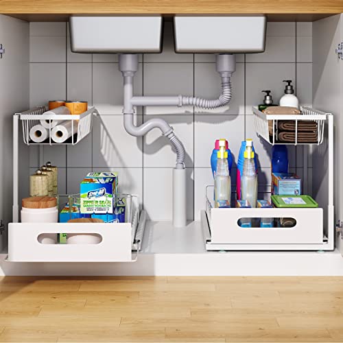 Under Sink Organizer, 2 Tier Pull-Out Cabinet Storage Shelf, Rust-Resistant Metal Organizer for Kitchen Bathroom Laundry Room, No Tools Installation, 1 Pack White - color: 1 Pack-White