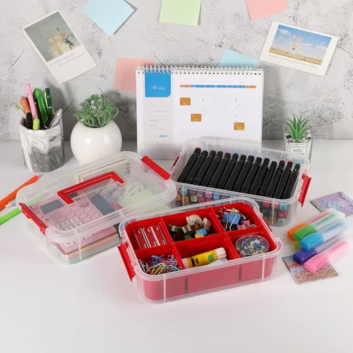 JUXYES 2Pack 3-Tiers Stack Carry Storage Box With Divided Tray, Transparent Stackable Storage Bin With Handle Lid Latching Storage Container for School & Office Supplies, Red - color: Red