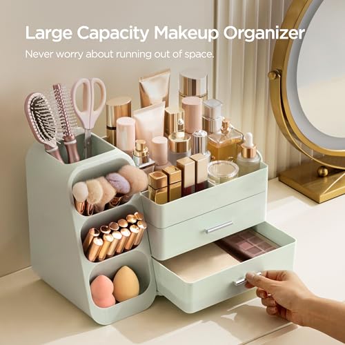 HBlife Makeup Organizer with Brush Holder for Vanity, Large Plastic Bathroom Countertop Organizer Skin Care Storage, Easy to Store Lipsticks, Nail Polishes, Perfumes, Eyeshadow Palettes, All Green - color: All Green, size: Large