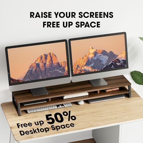 Fenge Dual Monitor Stand for Desk, 42.5in Large Monitor Riser for 2 Monitors, 2 Tier Computer Office Desk Top Shelf, Desktop Storage Stand for Laptop, PC, Computer, Printer - color: Brwon