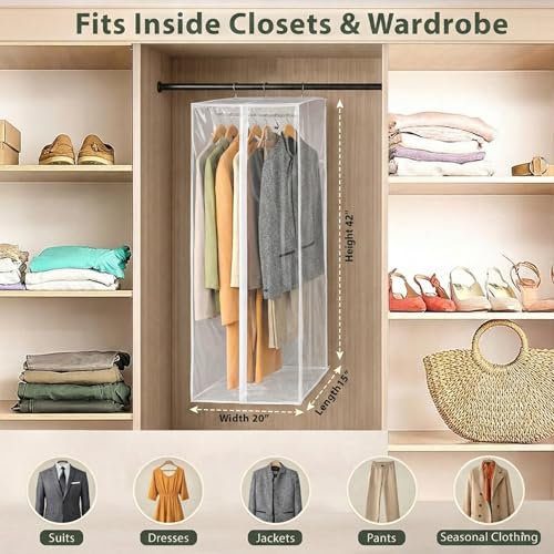 Clear Garment Bag, 42" Hanging Zippered Closet Organizer with Metal Frame – Protects Dresses, Suits & Jackets from Dust and Moisture - size: 42" Long