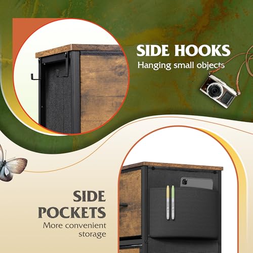 WLIVE Fabric Dresser for Bedroom with 10 Drawers, Chest of Drawers with Side Pockets and Hooks, Sturdy Metal Frame, Drawers Organizer Unit for Living Room, Hallway, Rustic Brown Wood Grain Print - color: Rustic Brown Wood Grain Print