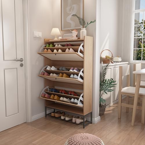 Shoe Cabinet Storage for Entryway, Narrow Shoe Cbinet with 3 Filp Drawers, Wood Freestanding Shoe Organizer Cabinet with Metal Legs, Hidden Storage Behind Door for Hallway, Living Room (Natura) - color: Linen-natural, size: 3 Drawer-Divider